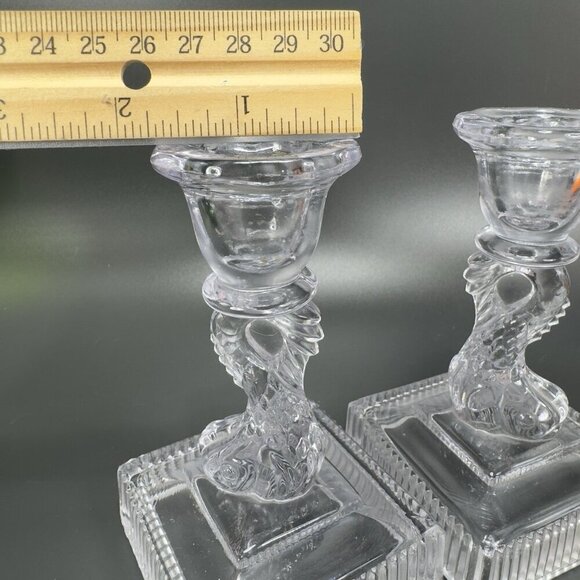 Imperial Glass Clear Dolphin Koi Fish Candlestick Candle Holder Set 2 Votive VTG - Picture 4 of 11